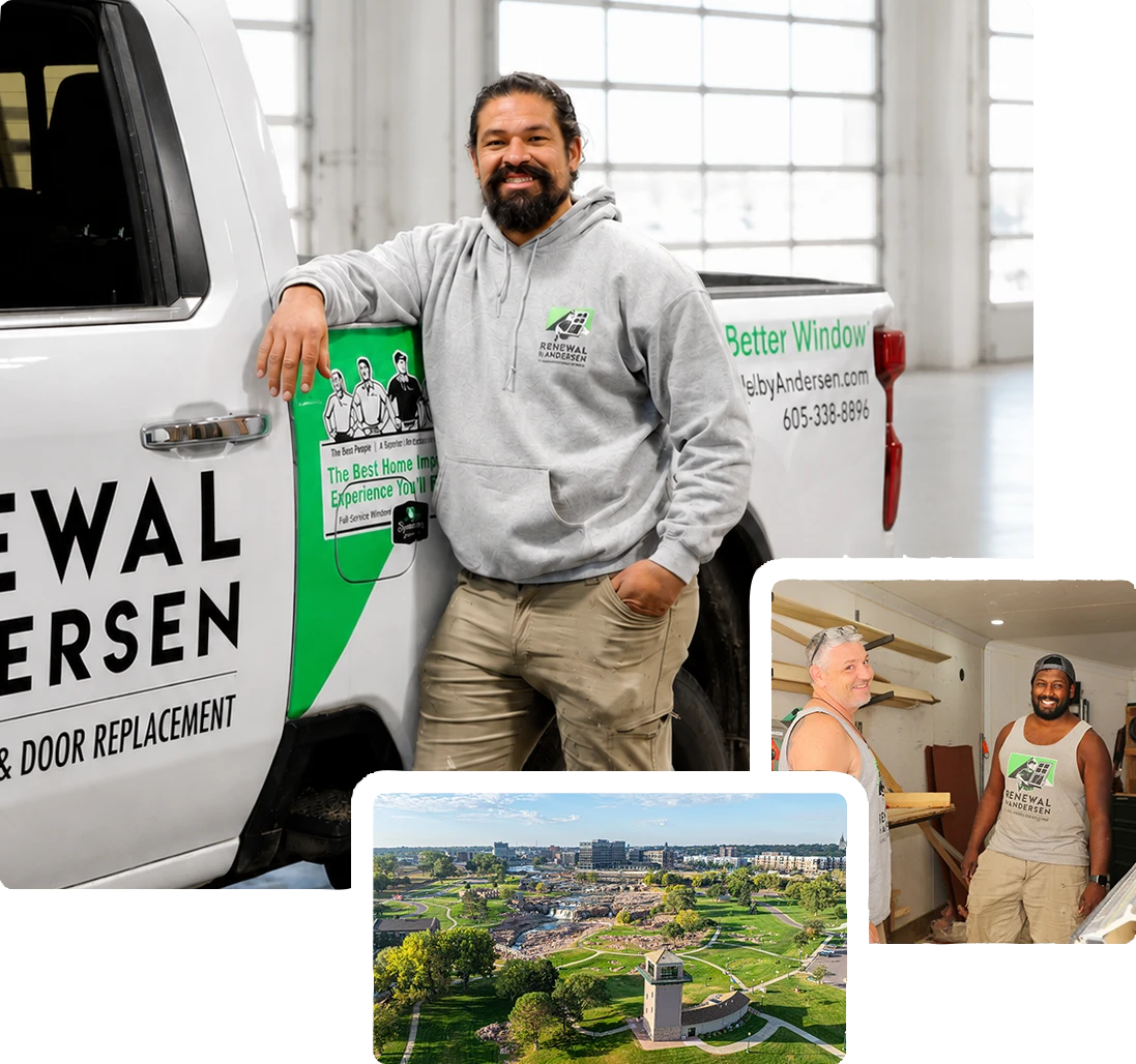Renewal by Andersen installer beside a company truck, two installers in the shop, and an aerial view of Falls Park